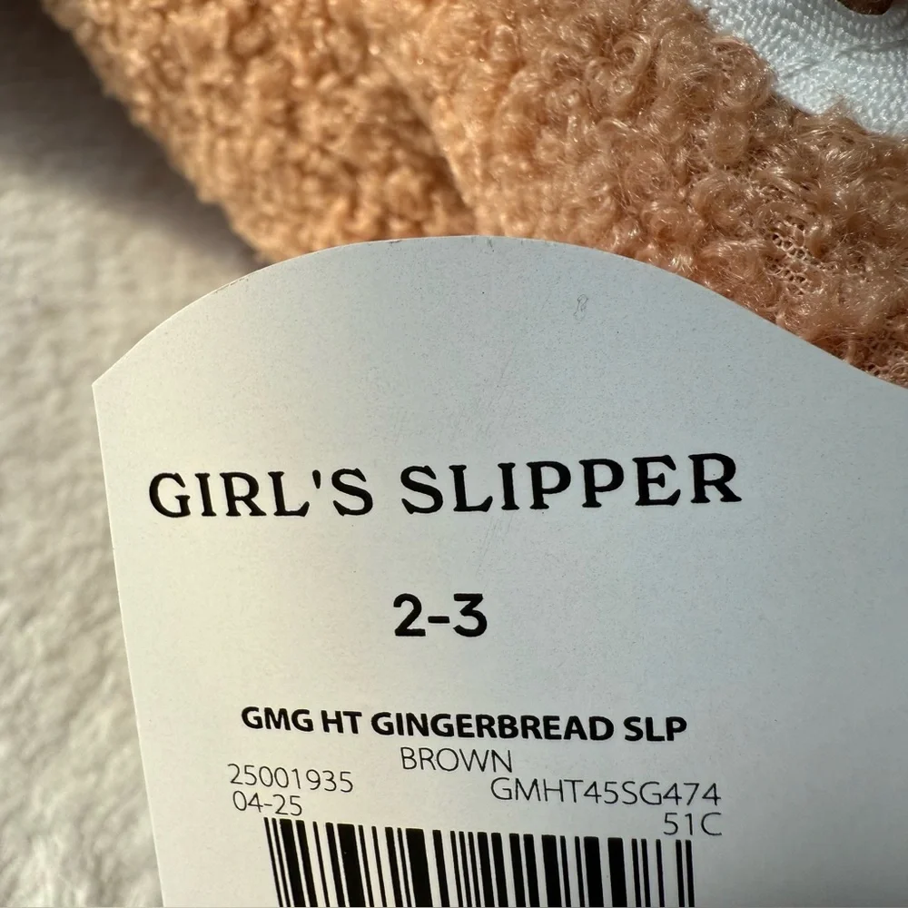 Gingerbread Man Plush Slippers with Red Bow Girls Size 2-3 New Faux Fur Slip On